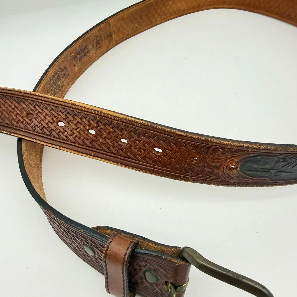 Silver Creek Mens Belt 40 Brown Leather Hand Tooled Duck Hunting Marsh Western
